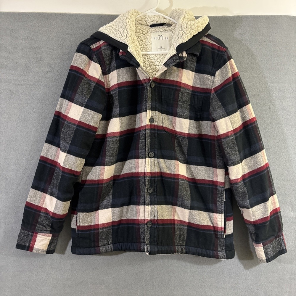 Hollister Men's S Sherpa Lined Plaid Hoodie‎ Y2K Black Red Cabincore Jacket